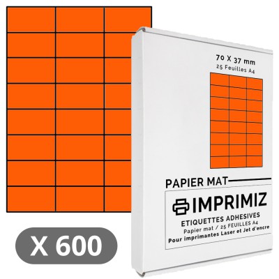 600 Étiquettes 70 x 37 mm - Orange fluo - 25 Feuilles autocollantes A4