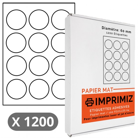 1200 Étiquettes rondes de 60 mm de diamètre  - 100 Feuilles A4 - Papier Mat