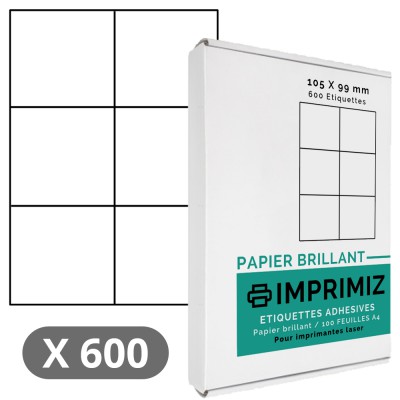 600 Étiquettes 105 x 99 mm - 100 Feuilles A4 - Papier Brillant