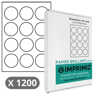 1200 Étiquettes rondes de 60 mm de diamètre - 100 Feuilles A4 - Papier Brillant