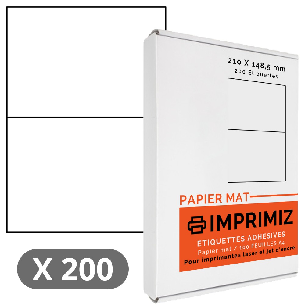 100 feuilles 200 étiquettes au total étiquettes auto-adhésives pour imprimante postale EJRange 2 étiquettes par feuille A4 