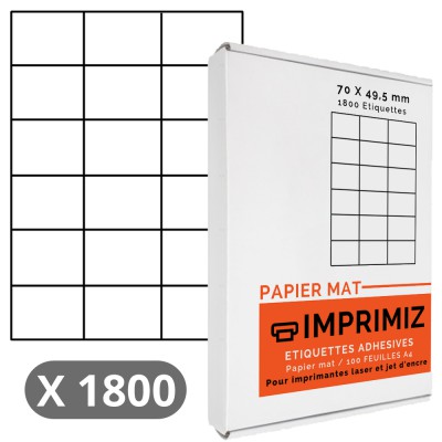 1800 Étiquettes 70 x 49,5 mm - 100 Feuilles A4 - Papier Mat