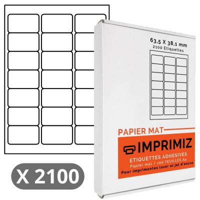 2100 Étiquettes 63,5 x 38,1 mm - 100 Feuilles A4 - Papier Mat