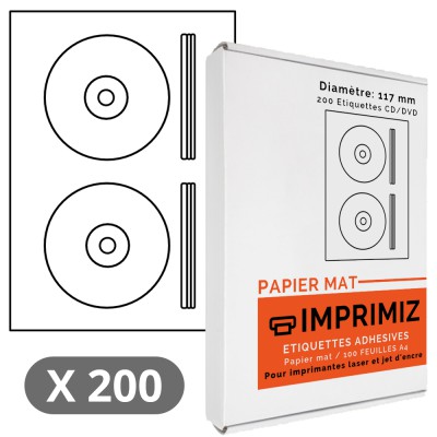200 Étiquettes CD DVD - 100 Feuilles A4 - Papier Mat