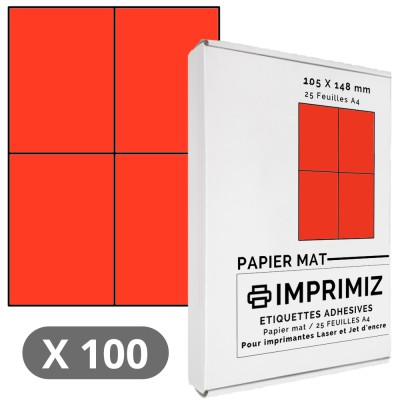 100 Étiquettes 105 x 148,5 mm - Rouge fluo - 25 Feuilles autocollantes A4