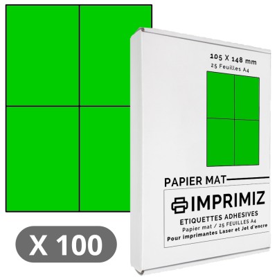 100 Étiquettes 105 x 148,5 mm - Vert fluo - 25 Feuilles autocollantes A4