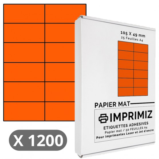 300 Étiquettes 105 x 49,5 mm - Orange fluo - 25 Feuilles autocollantes A4